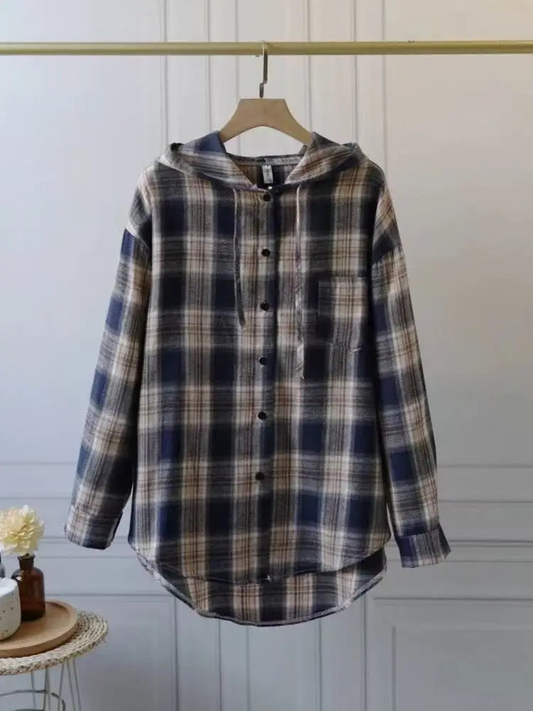 Loose Long Sleeve Plaid Shirt Women's Spring Autumn New Korean Style Lazy Fashion Casual Outerwear Cotton Polyester Blend