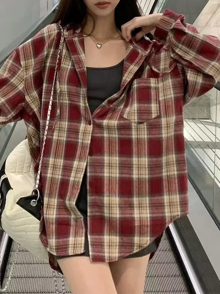 Loose Long Sleeve Plaid Shirt Women's Spring Autumn New Korean Style Lazy Fashion Casual Outerwear Cotton Polyester Blend