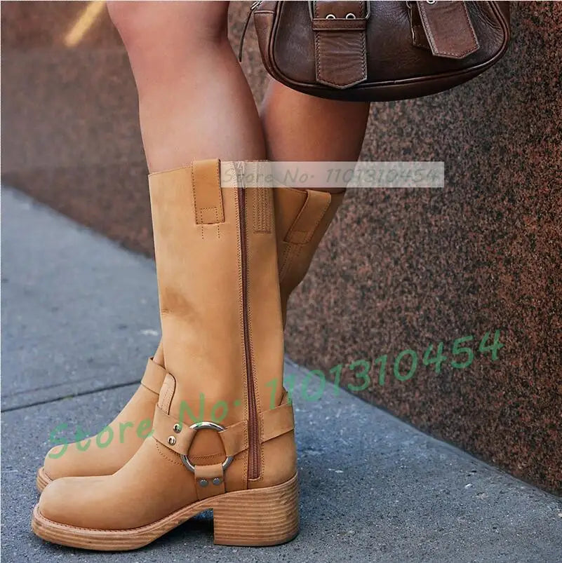 Harness Western Knee High Boots With Wood Chunky Heel Women Square Toe Riding Shoes Outfit Lady Trendy Party Solid Buckle Boots