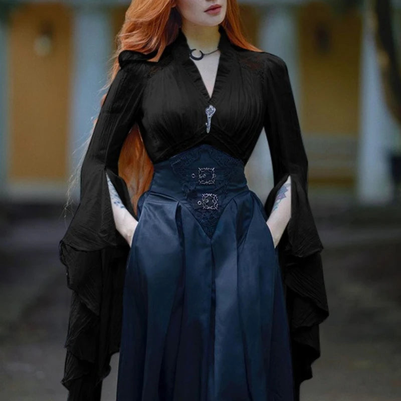 Dark Style Y2k V-neck Long Sleeved Top 2025 New Gothic Fashion Retro Shirt Women Palace Style Elegant Ruched Solid Party Clothes