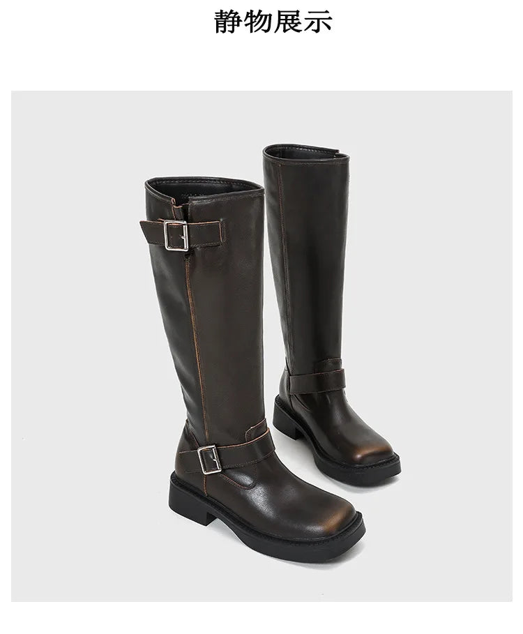 Women's High Boots 2025 New Retro Brown Western Cowhide Boots Gothic Square Toe Wide-leg Women's Long Boots