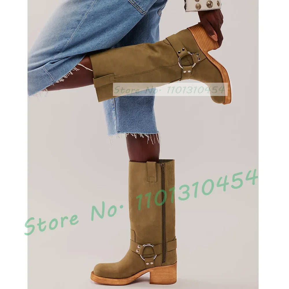 Harness Western Knee High Boots With Wood Chunky Heel Women Square Toe Riding Shoes Outfit Lady Trendy Party Solid Buckle Boots