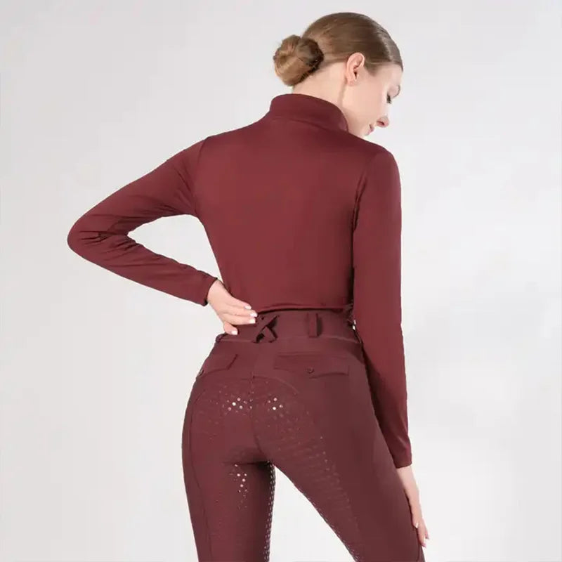 MXLLINA Burgundy Horse Riding T-Shirts Women Soft Equestrian Long Sleeve Tops Ladies Rider Show Base Layer T-shirt Wear Clothing