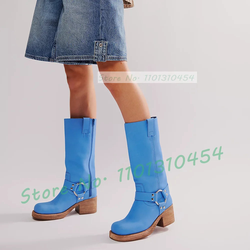 Harness Western Knee High Boots With Wood Chunky Heel Women Square Toe Riding Shoes Outfit Lady Trendy Party Solid Buckle Boots