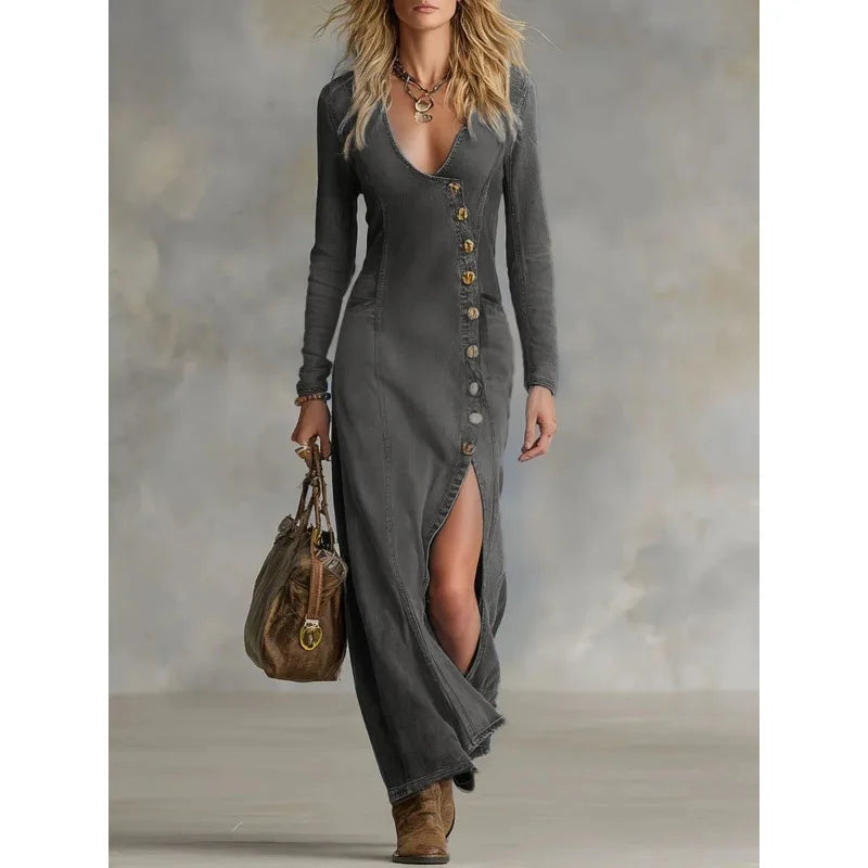 Women's Vintage Washed Denim Maxi Dress Boho Long Sleeve V-Neck Button Front Split Hem Casual Western Style Jean Dress