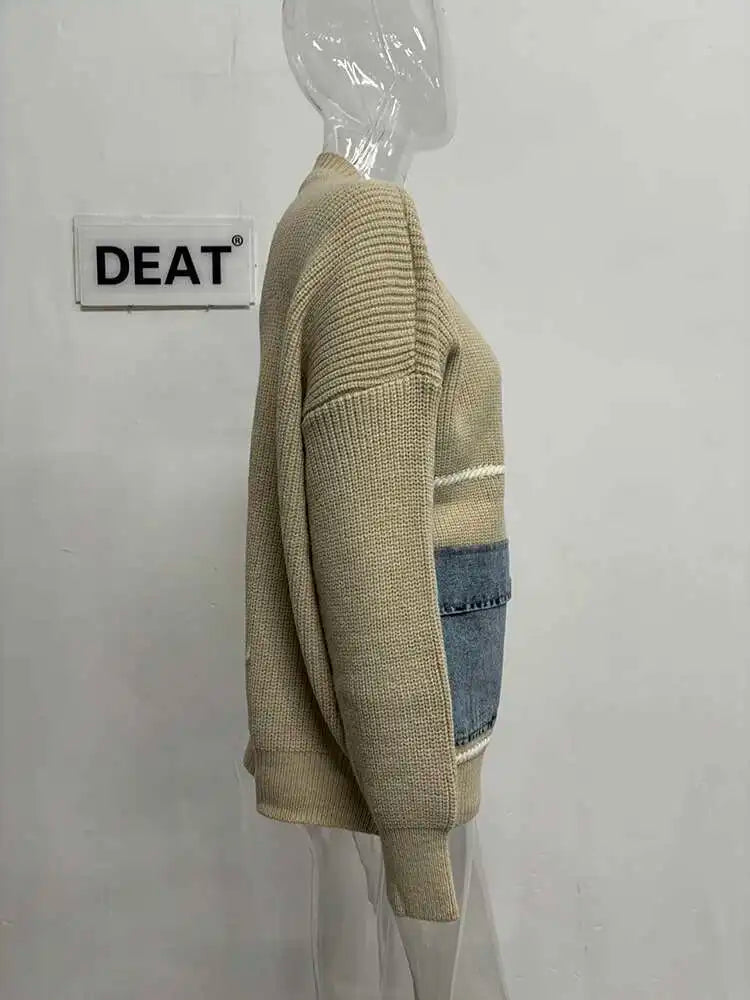 DEAT 2024 New Autumn Fashion Women's Cardigan Loose V-neck Denim Pockets Pearls Buttons Long Sleeve Knitted Sweaters 29L8715