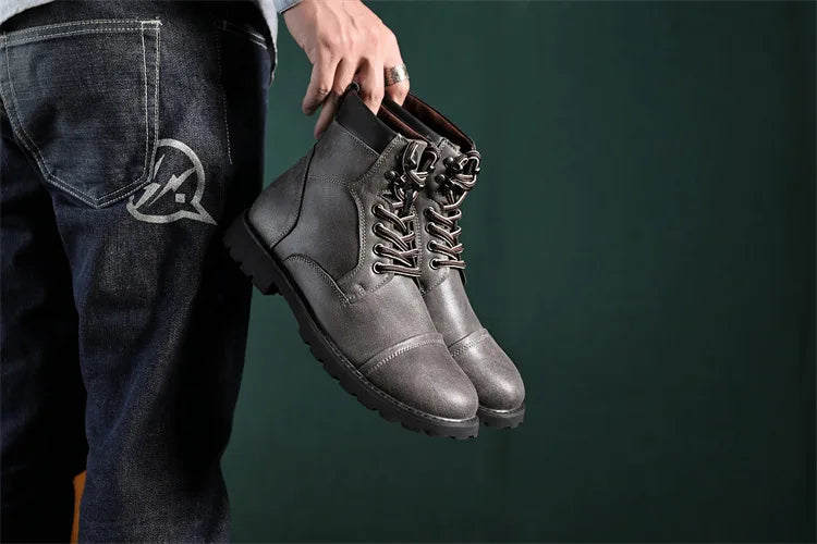 British Retro Men's High-Top Leather Cowboy Boots Lace-Up Comfortable Breathable Equestrian Casual Shoes Premium Quality Fashion