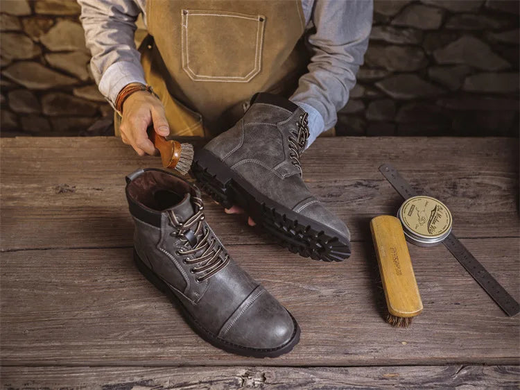 British Retro Men's High-Top Leather Cowboy Boots Lace-Up Comfortable Breathable Equestrian Casual Shoes Premium Quality Fashion