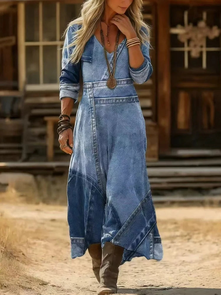 Women's Western-Style Printed Gradient Dress with V-Neck, Waist-Cinching, Slimming, Vintage-Style Long Dress, Suitable for Parties, Casual Dresses