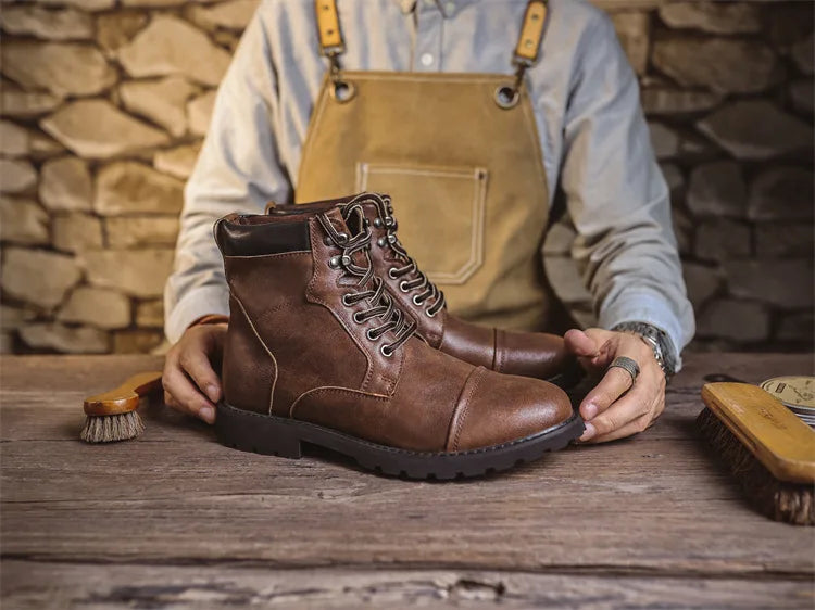 British Retro Men's High-Top Leather Cowboy Boots Lace-Up Comfortable Breathable Equestrian Casual Shoes Premium Quality Fashion