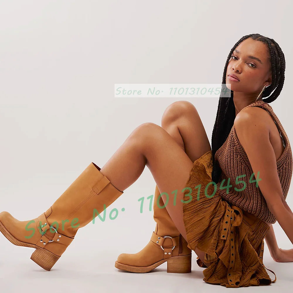 Harness Western Knee High Boots With Wood Chunky Heel Women Square Toe Riding Shoes Outfit Lady Trendy Party Solid Buckle Boots