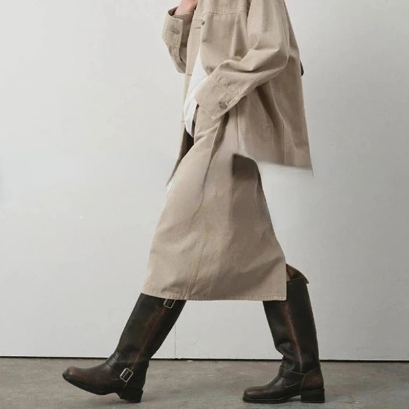 Women's High Boots 2025 New Retro Brown Western Cowhide Boots Gothic Square Toe Wide-leg Women's Long Boots