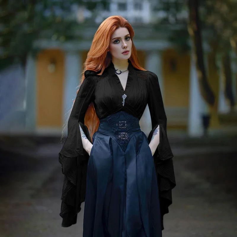 Dark Style Y2k V-neck Long Sleeved Top 2025 New Gothic Fashion Retro Shirt Women Palace Style Elegant Ruched Solid Party Clothes