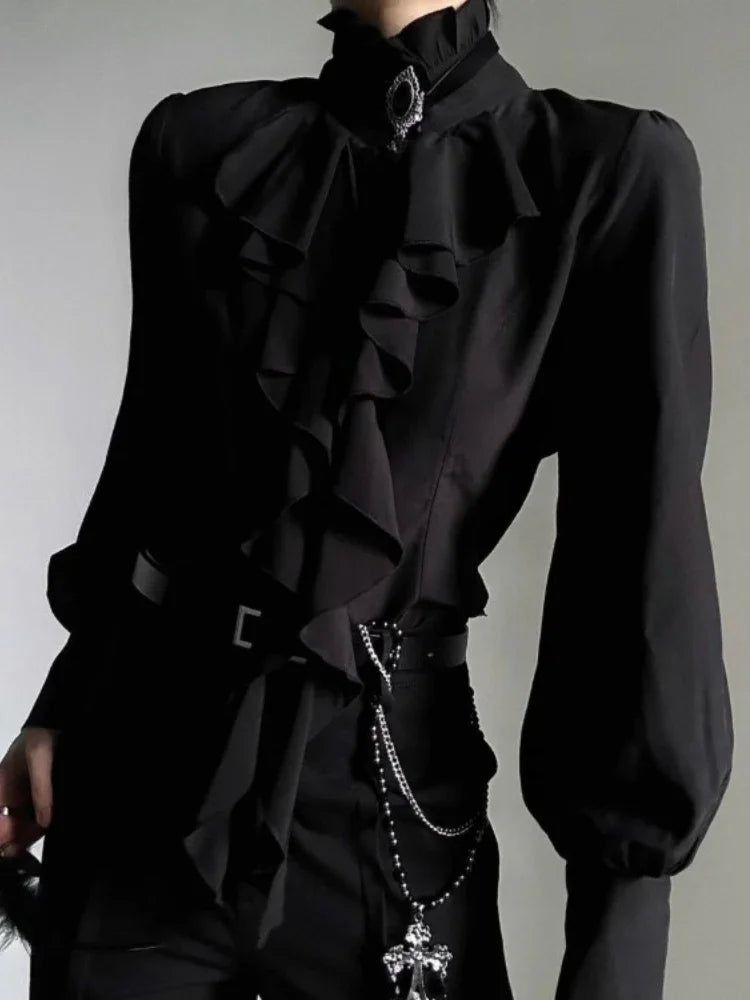 Harajuku Vintage Black Bottoming Shirt Women Stand Collar Ruffles Slim Fit Blouses 2025 New Long Sleeve Blusas De Mujer