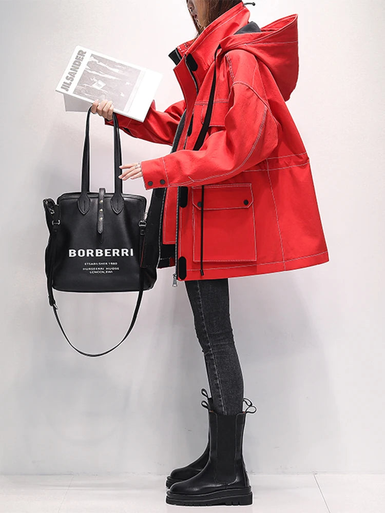 Lautaro Autumn Oversized Red Black Waterproof Windbreaker Women with Hood Many Pockets Zip Up Safari Style Cool Cargo Coat 2022