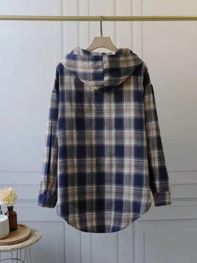 Loose Long Sleeve Plaid Shirt Women's Spring Autumn New Korean Style Lazy Fashion Casual Outerwear Cotton Polyester Blend