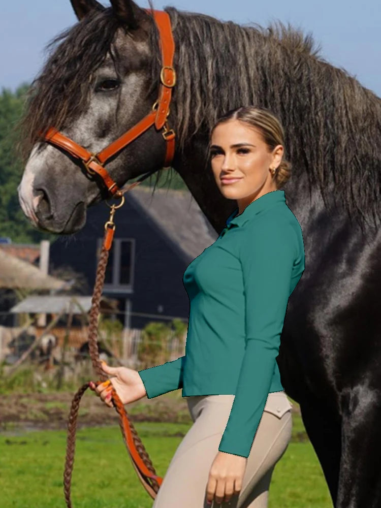 MXLLINA Burgundy Horse Riding T-Shirts Women Soft Equestrian Long Sleeve Tops Ladies Rider Show Base Layer T-shirt Wear Clothing