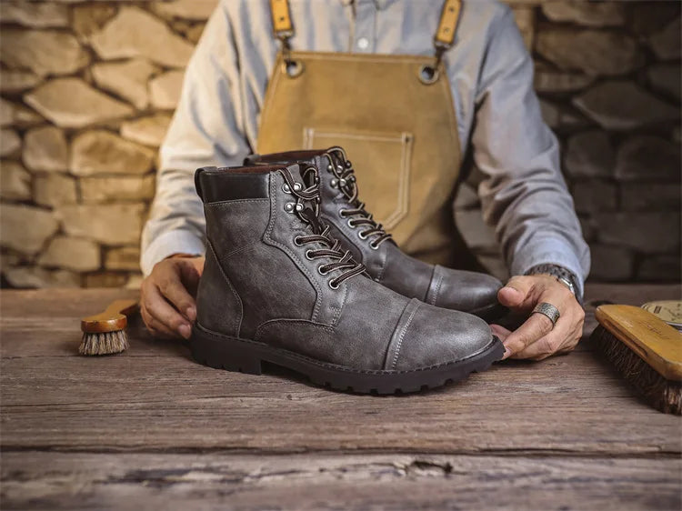 British Retro Men's High-Top Leather Cowboy Boots Lace-Up Comfortable Breathable Equestrian Casual Shoes Premium Quality Fashion