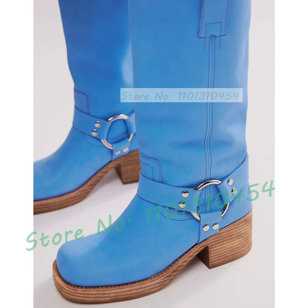 Harness Western Knee High Boots With Wood Chunky Heel Women Square Toe Riding Shoes Outfit Lady Trendy Party Solid Buckle Boots
