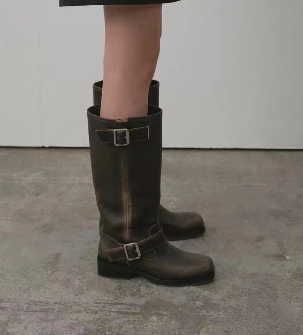 Women's High Boots 2025 New Retro Brown Western Cowhide Boots Gothic Square Toe Wide-leg Women's Long Boots