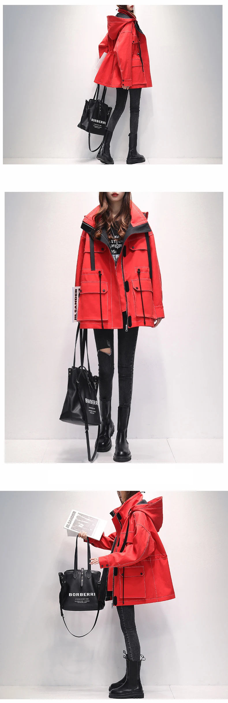 Lautaro Autumn Oversized Red Black Waterproof Windbreaker Women with Hood Many Pockets Zip Up Safari Style Cool Cargo Coat 2022