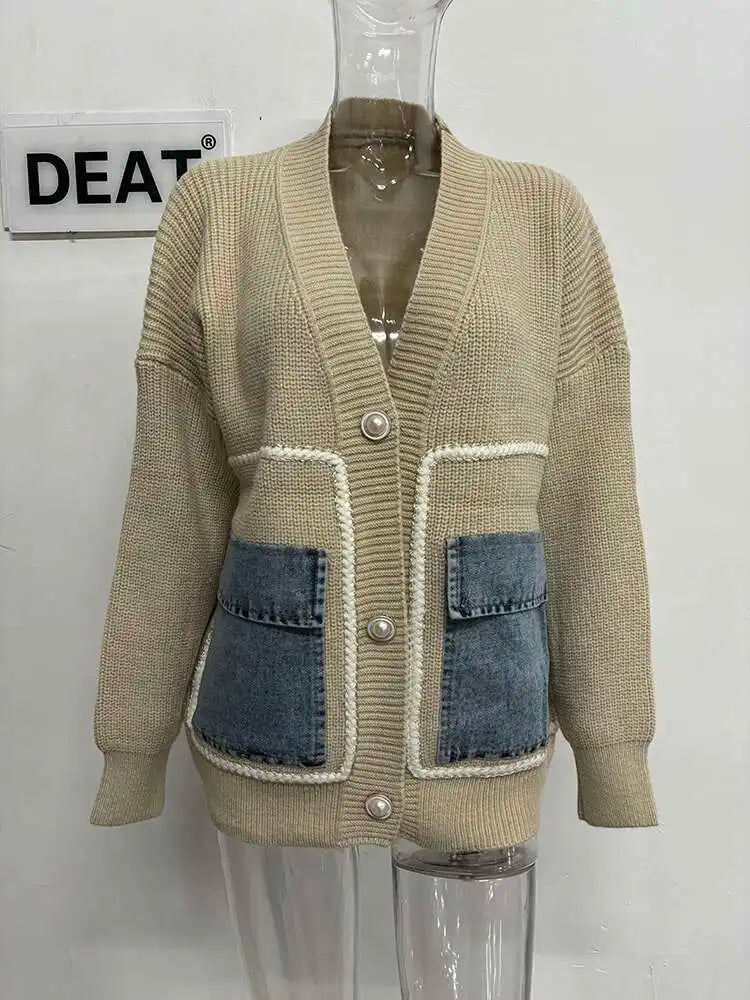 DEAT 2024 New Autumn Fashion Women's Cardigan Loose V-neck Denim Pockets Pearls Buttons Long Sleeve Knitted Sweaters 29L8715
