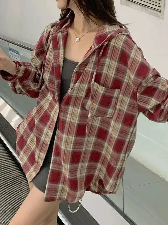 Loose Long Sleeve Plaid Shirt Women's Spring Autumn New Korean Style Lazy Fashion Casual Outerwear Cotton Polyester Blend