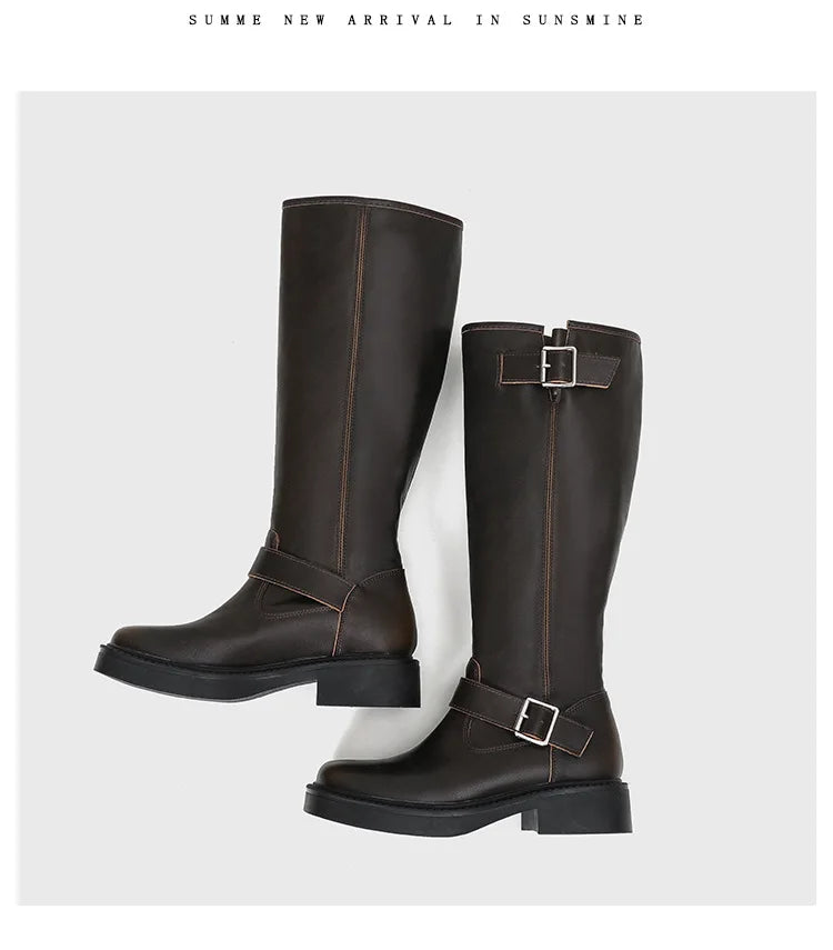 Women's High Boots 2025 New Retro Brown Western Cowhide Boots Gothic Square Toe Wide-leg Women's Long Boots