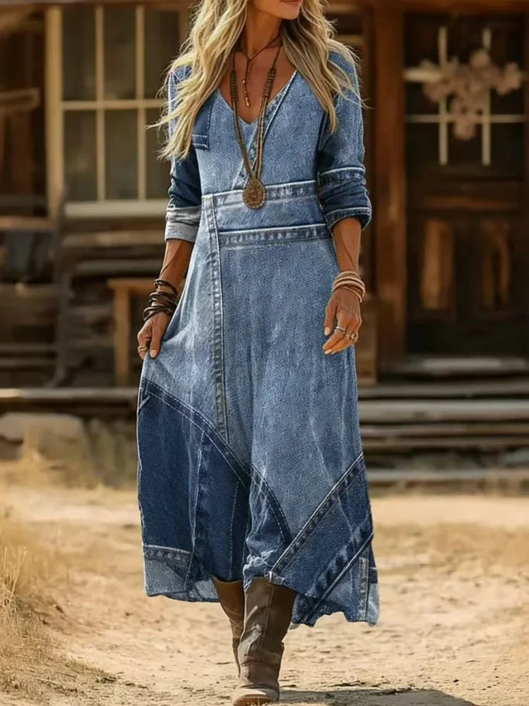 Women's Western-Style Printed Gradient Dress with V-Neck, Waist-Cinching, Slimming, Vintage-Style Long Dress, Suitable for Parties, Casual Dresses