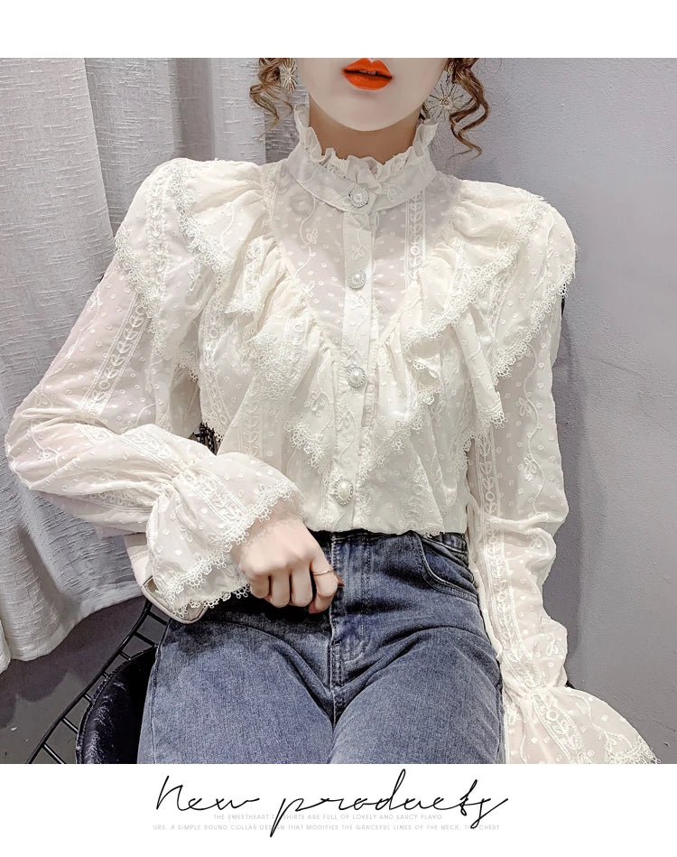 Korean Style Ruffle Stitching Lace Blouse Fashion Long Sleeve Loose Chiffon Shirt Elegant Stand Collar Pleated Tops Blusas 15832