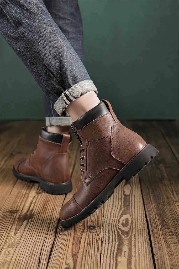 British Retro Men's High-Top Leather Cowboy Boots Lace-Up Comfortable Breathable Equestrian Casual Shoes Premium Quality Fashion