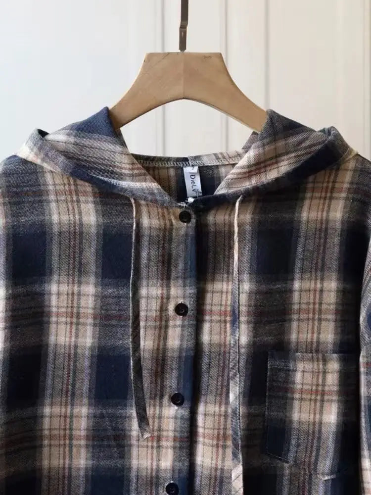 Loose Long Sleeve Plaid Shirt Women's Spring Autumn New Korean Style Lazy Fashion Casual Outerwear Cotton Polyester Blend