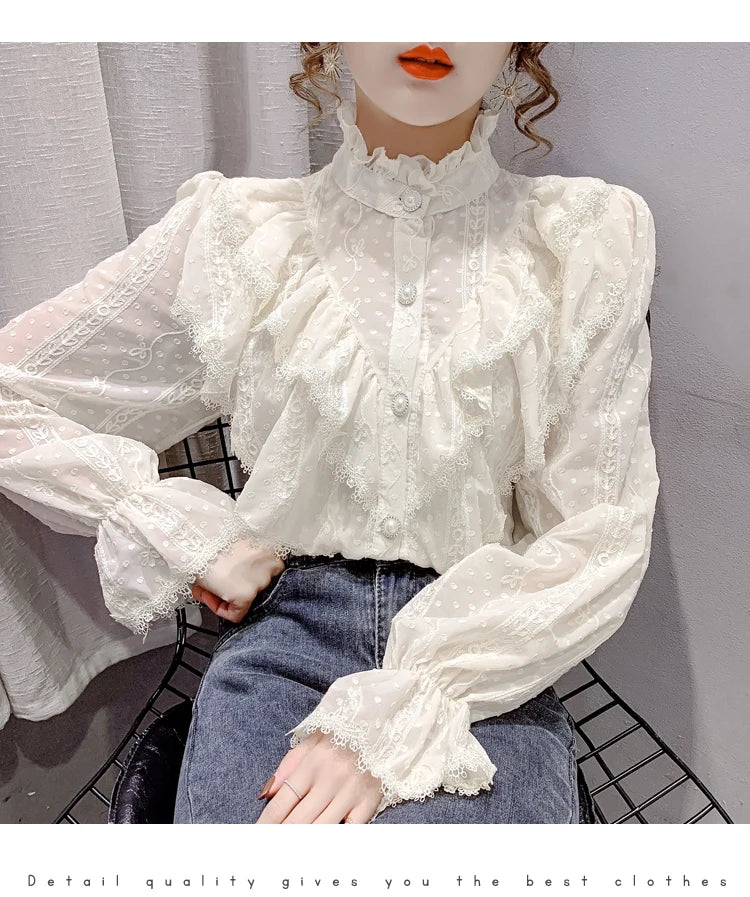 Korean Style Ruffle Stitching Lace Blouse Fashion Long Sleeve Loose Chiffon Shirt Elegant Stand Collar Pleated Tops Blusas 15832