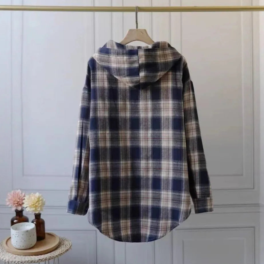 Loose Long Sleeve Plaid Shirt Women's Spring Autumn New Korean Style Lazy Fashion Casual Outerwear Cotton Polyester Blend