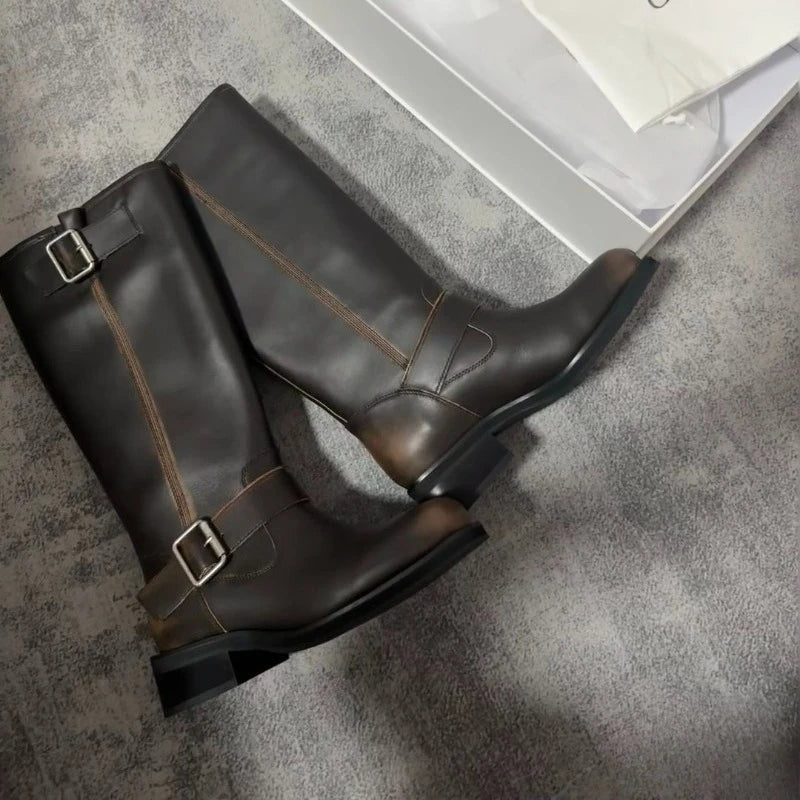 Women's High Boots 2025 New Retro Brown Western Cowhide Boots Gothic Square Toe Wide-leg Women's Long Boots