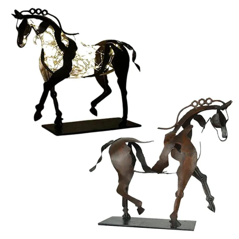 Home Handicrafts Metal Horse Statue With LED Light Decoration Retro Rustic Openwork Figurine Office Desk Horse Sculpture Gift