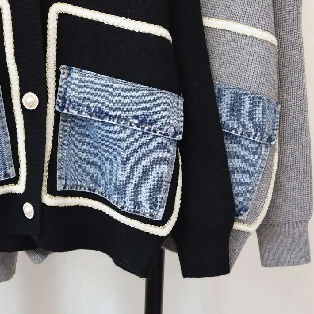 DEAT 2024 New Autumn Fashion Women's Cardigan Loose V-neck Denim Pockets Pearls Buttons Long Sleeve Knitted Sweaters 29L8715