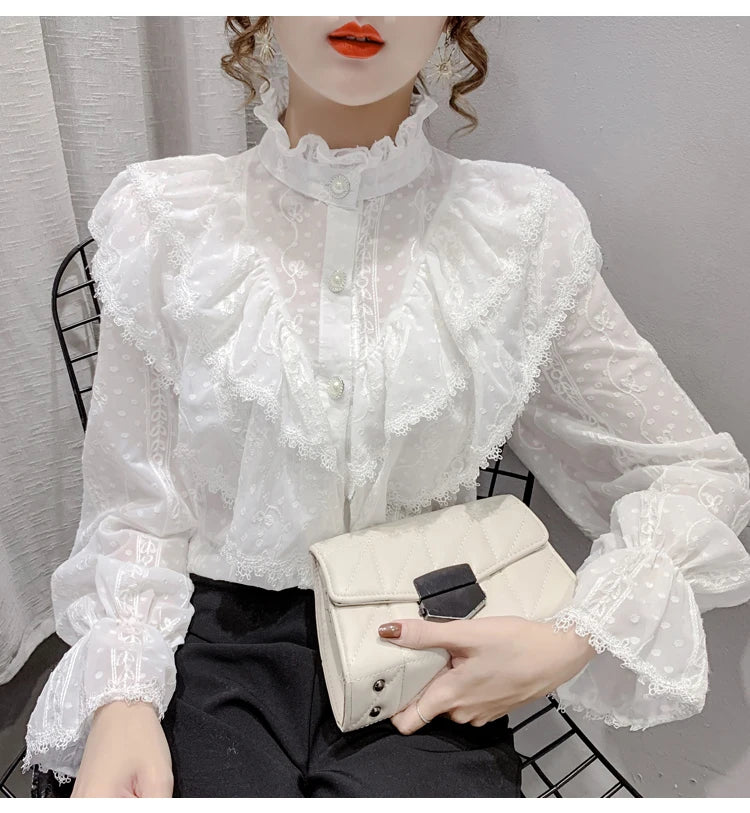 Korean Style Ruffle Stitching Lace Blouse Fashion Long Sleeve Loose Chiffon Shirt Elegant Stand Collar Pleated Tops Blusas 15832