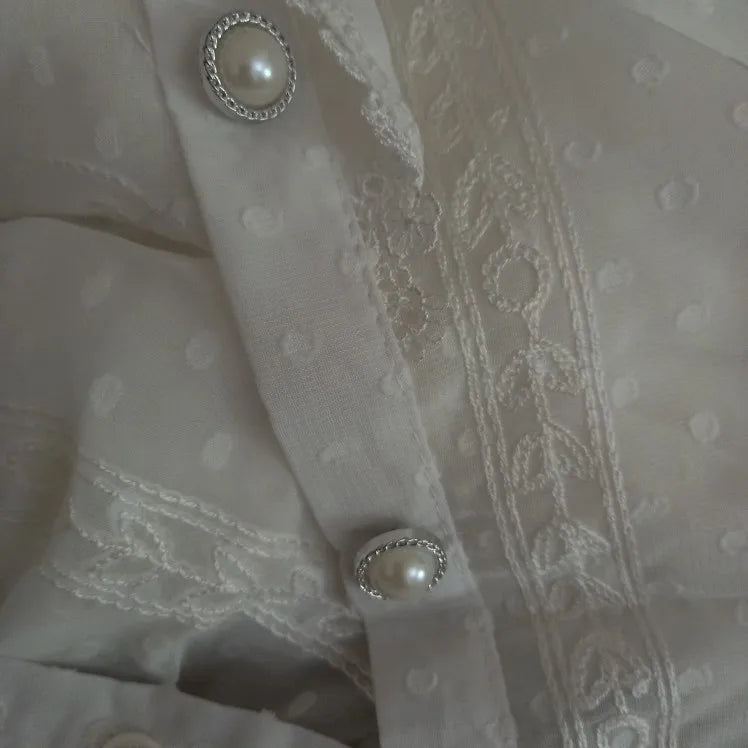 Korean Style Ruffle Stitching Lace Blouse Fashion Long Sleeve Loose Chiffon Shirt Elegant Stand Collar Pleated Tops Blusas 15832