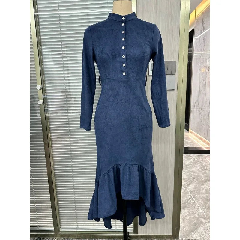 Vintage Western Style Dress Button Temperament High Neck Suede Slim Fit Irregular Hem Long Skirt with Belt