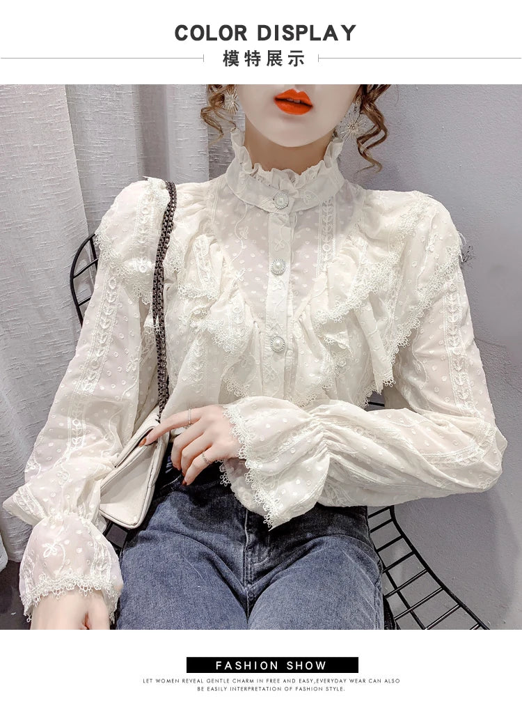 Korean Style Ruffle Stitching Lace Blouse Fashion Long Sleeve Loose Chiffon Shirt Elegant Stand Collar Pleated Tops Blusas 15832
