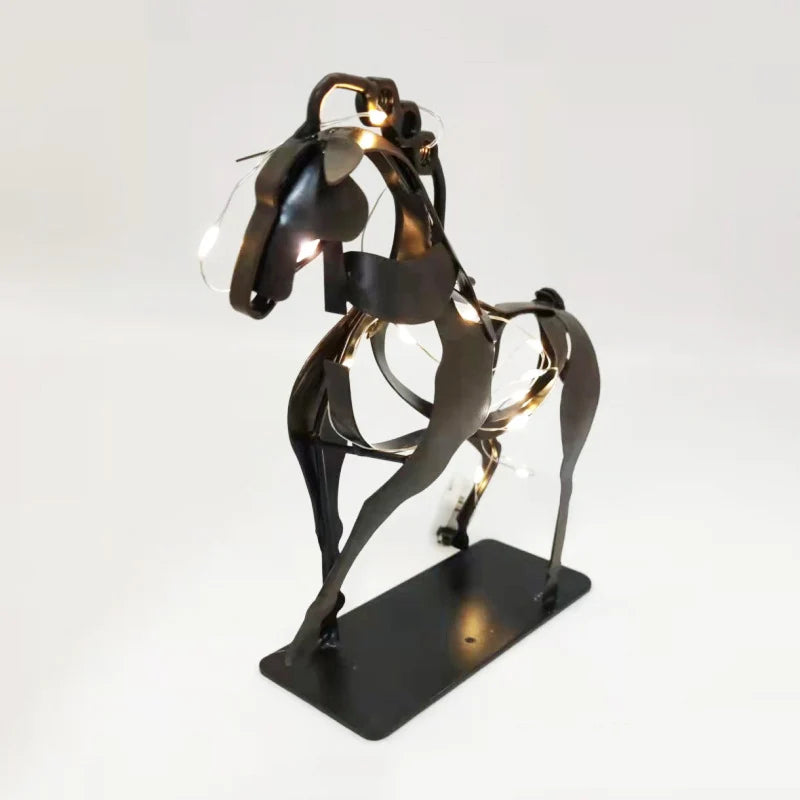 Home Handicrafts Metal Horse Statue With LED Light Decoration Retro Rustic Openwork Figurine Office Desk Horse Sculpture Gift