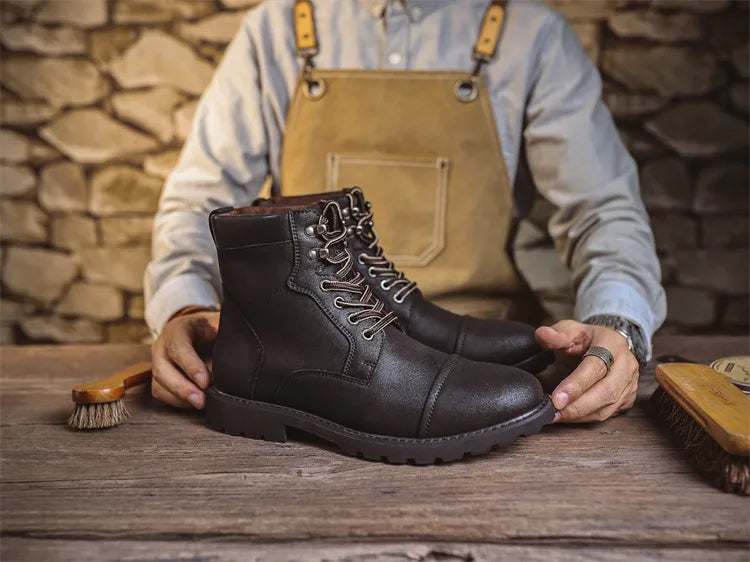 British Retro Men's High-Top Leather Cowboy Boots Lace-Up Comfortable Breathable Equestrian Casual Shoes Premium Quality Fashion