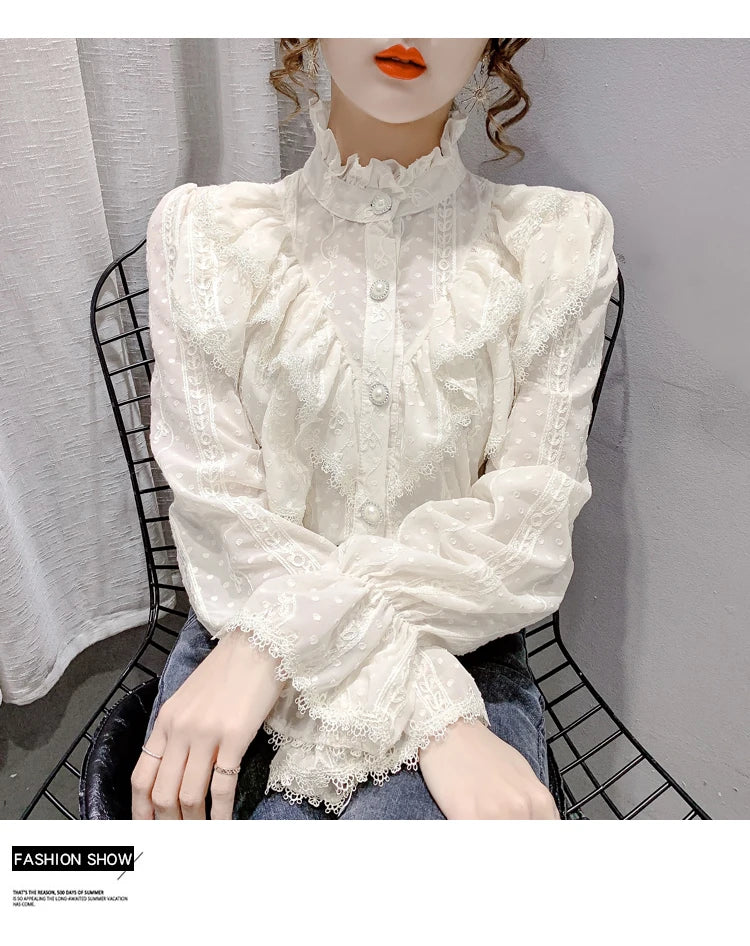Korean Style Ruffle Stitching Lace Blouse Fashion Long Sleeve Loose Chiffon Shirt Elegant Stand Collar Pleated Tops Blusas 15832