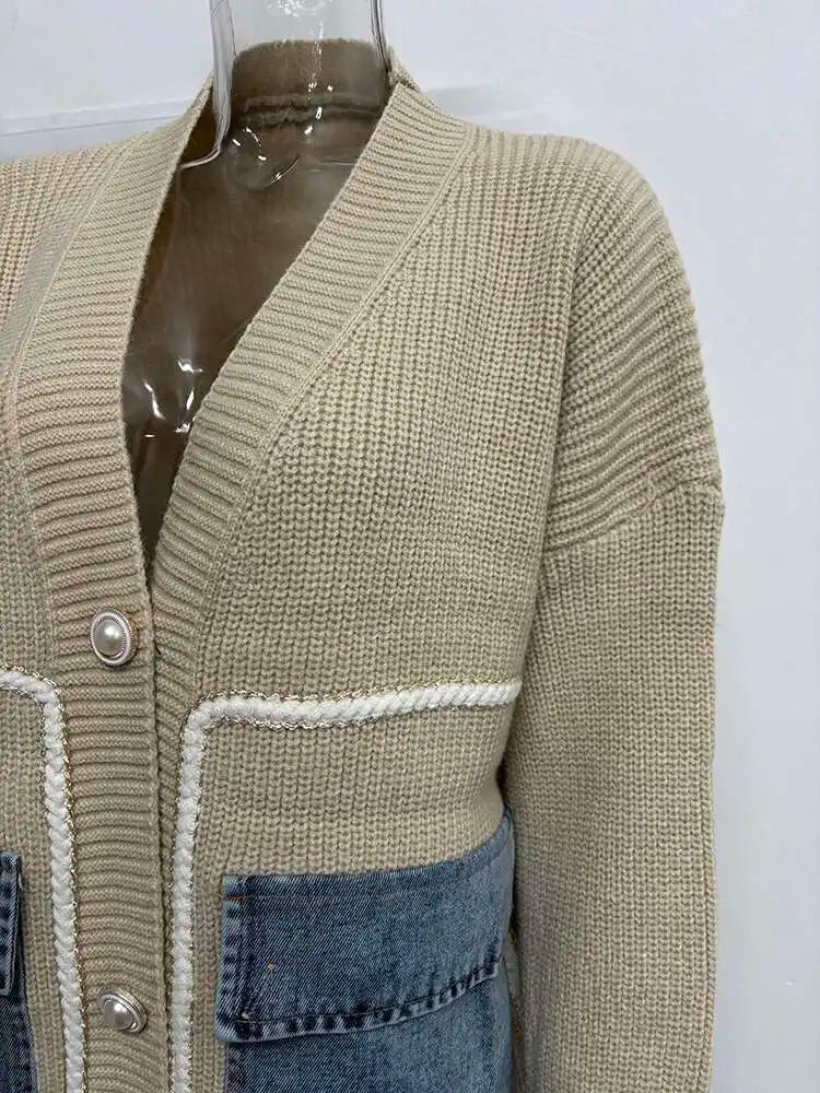 DEAT 2024 New Autumn Fashion Women's Cardigan Loose V-neck Denim Pockets Pearls Buttons Long Sleeve Knitted Sweaters 29L8715