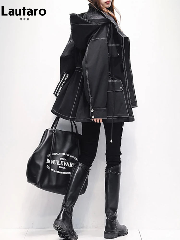 Lautaro Autumn Oversized Red Black Waterproof Windbreaker Women with Hood Many Pockets Zip Up Safari Style Cool Cargo Coat 2022