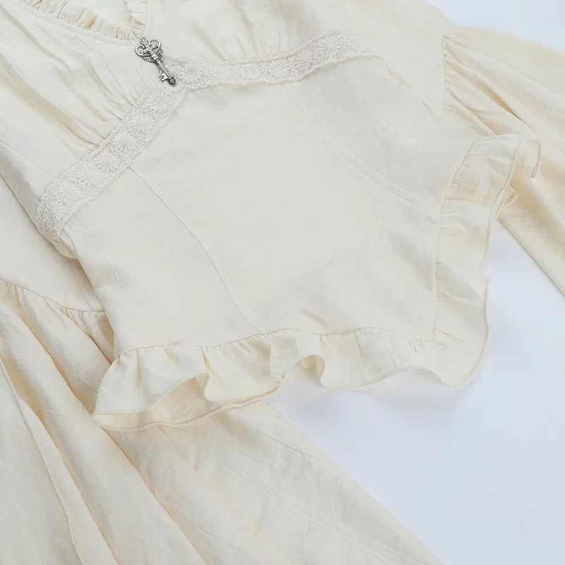 Dark Style Y2k V-neck Long Sleeved Top 2025 New Gothic Fashion Retro Shirt Women Palace Style Elegant Ruched Solid Party Clothes