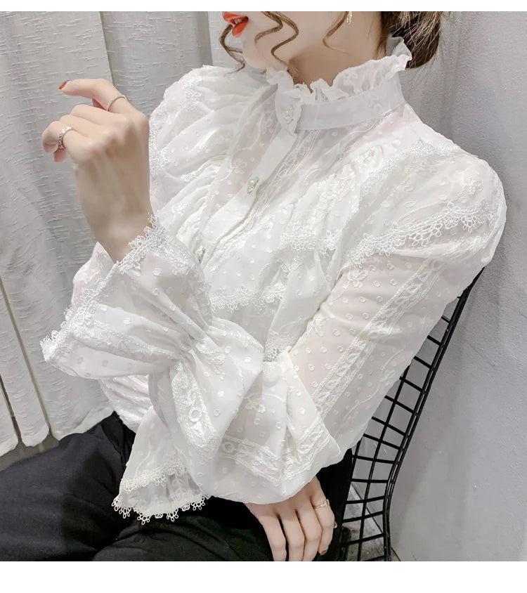 Korean Style Ruffle Stitching Lace Blouse Fashion Long Sleeve Loose Chiffon Shirt Elegant Stand Collar Pleated Tops Blusas 15832
