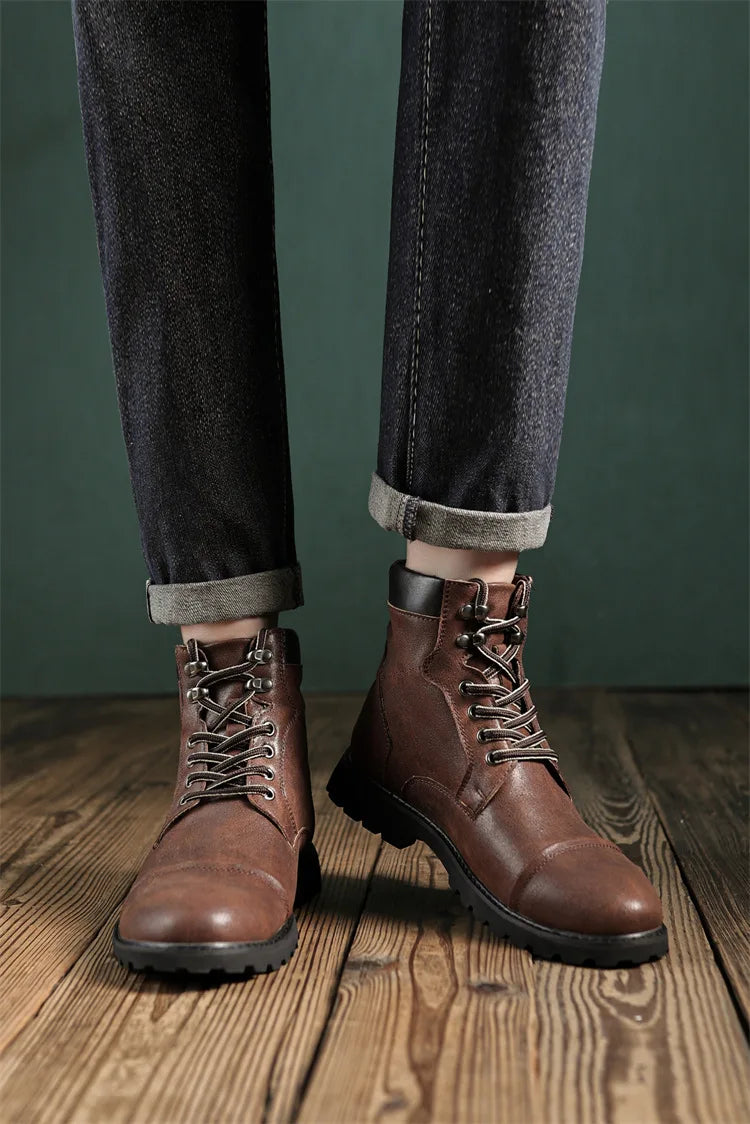 British Retro Men's High-Top Leather Cowboy Boots Lace-Up Comfortable Breathable Equestrian Casual Shoes Premium Quality Fashion