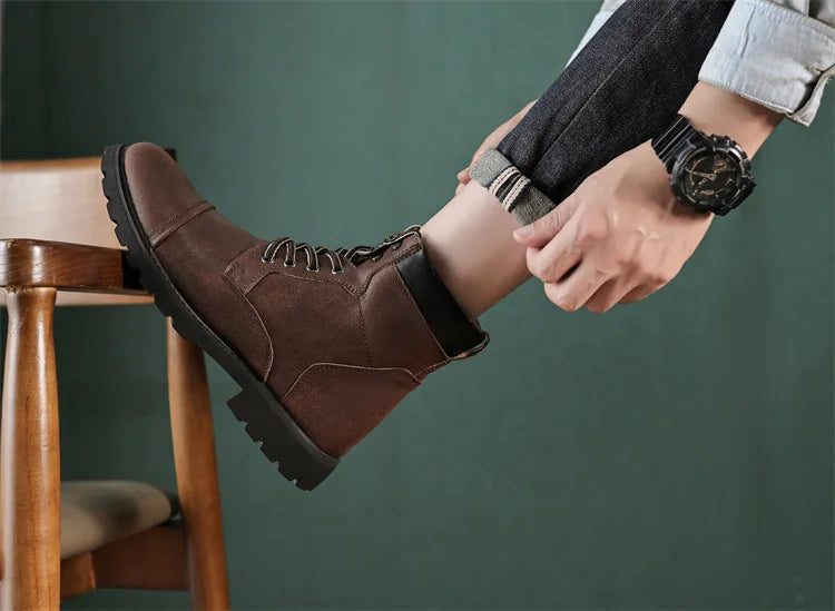 British Retro Men's High-Top Leather Cowboy Boots Lace-Up Comfortable Breathable Equestrian Casual Shoes Premium Quality Fashion